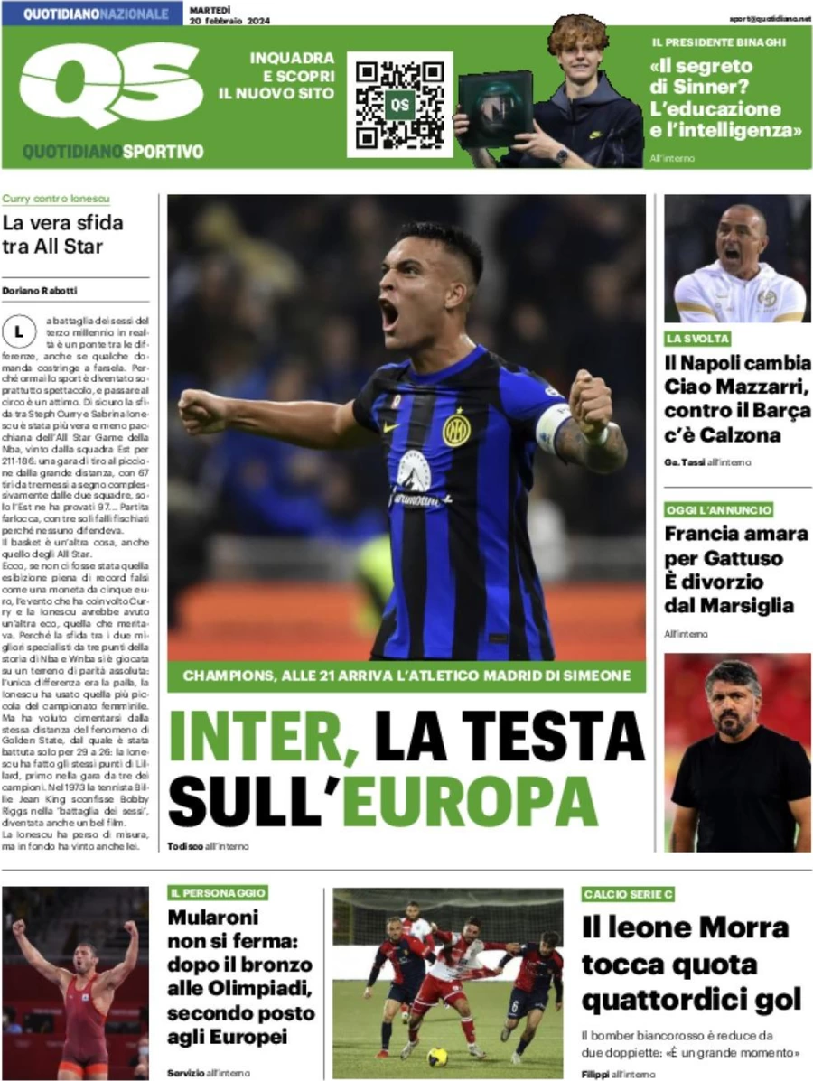 prima pagina - QS Quotidiano Sportivo del 20/02/2024