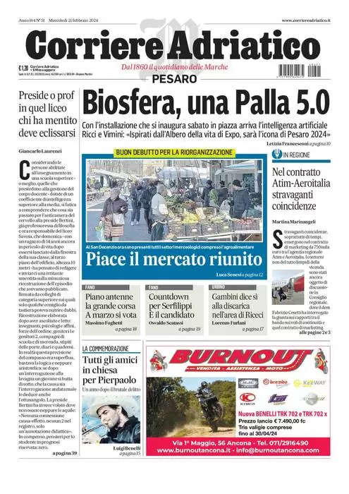 anteprima della prima pagina di corriere-adriatico-pesaro del 20/02/2024