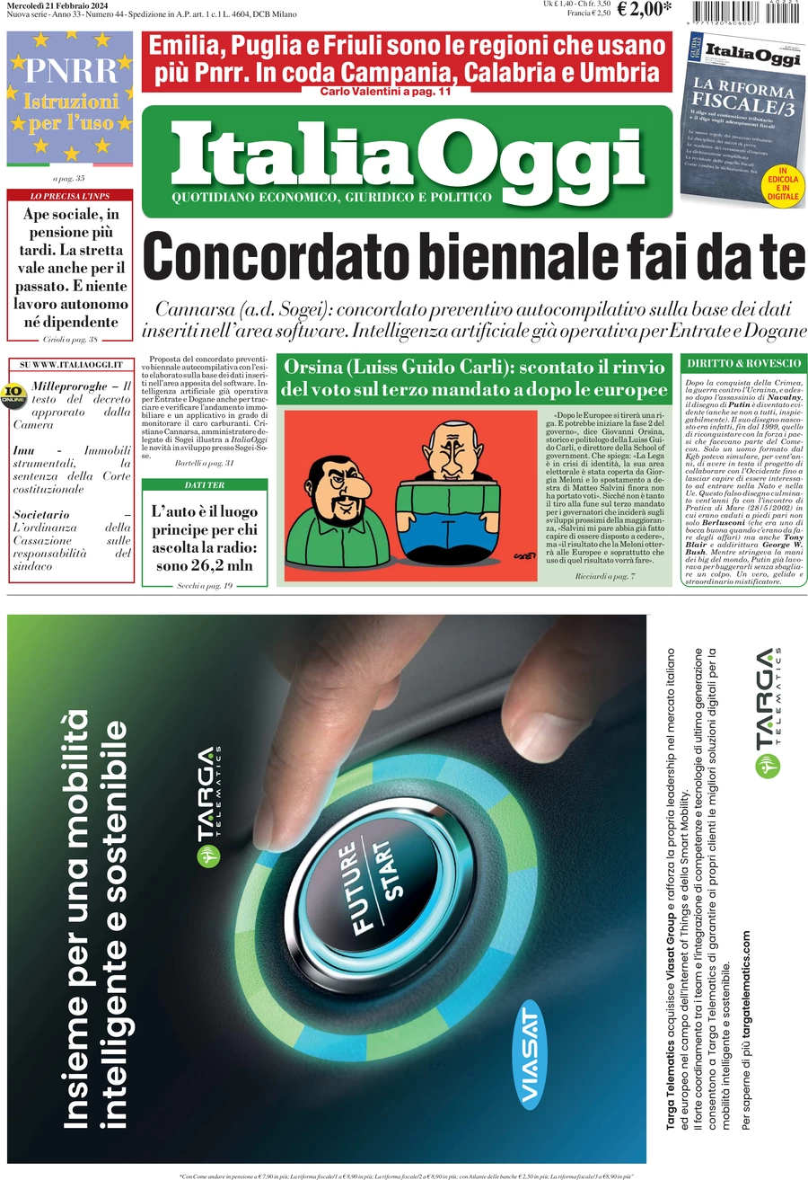prima pagina - ItaliaOggi del 21/02/2024