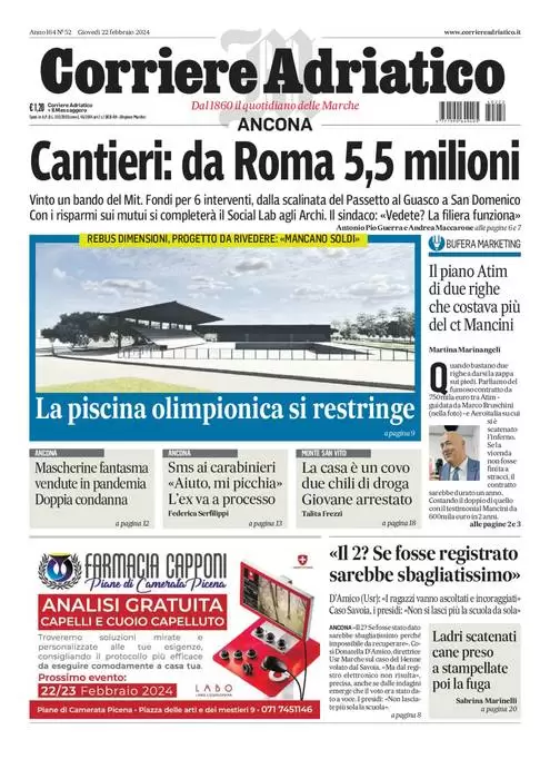 anteprima della prima pagina di corriere-adriatico-ancona del 21/02/2024