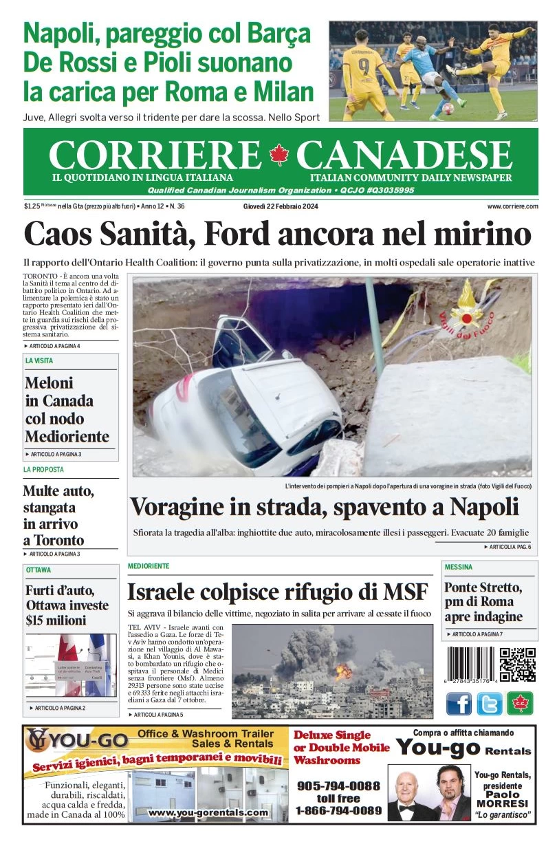 prima pagina - Corriere Canadese del 21/02/2024