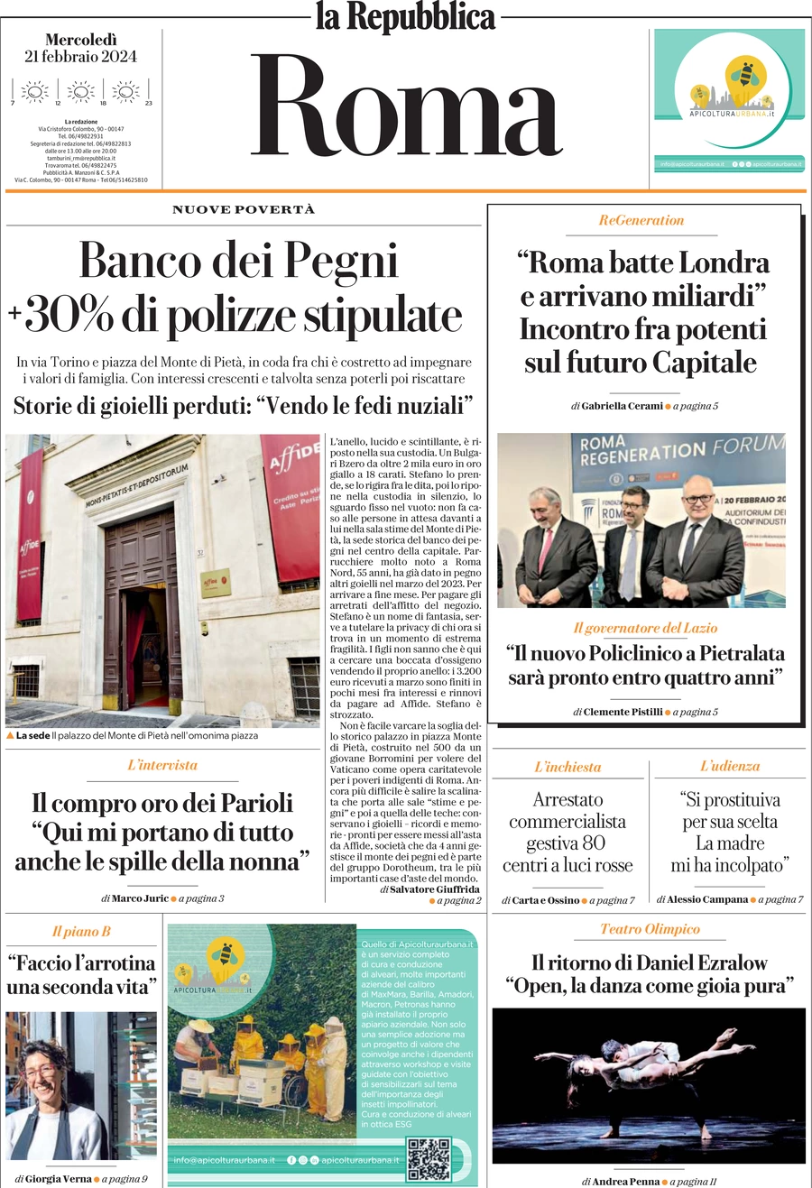 anteprima della prima pagina di la-repubblica-roma del 21/02/2024