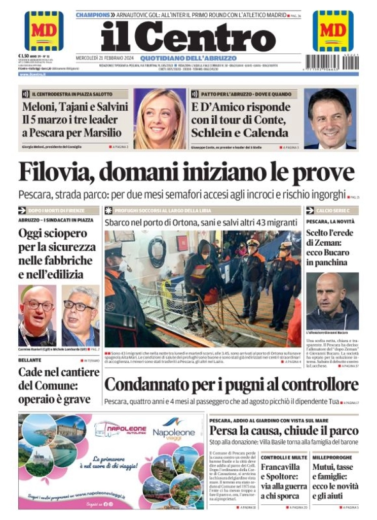 prima pagina - Il Centro (Pescara) del 21/02/2024