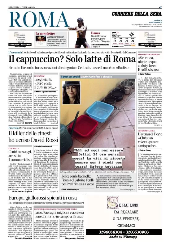 anteprima della prima pagina di corriere-della-sera-roma del 21/02/2024
