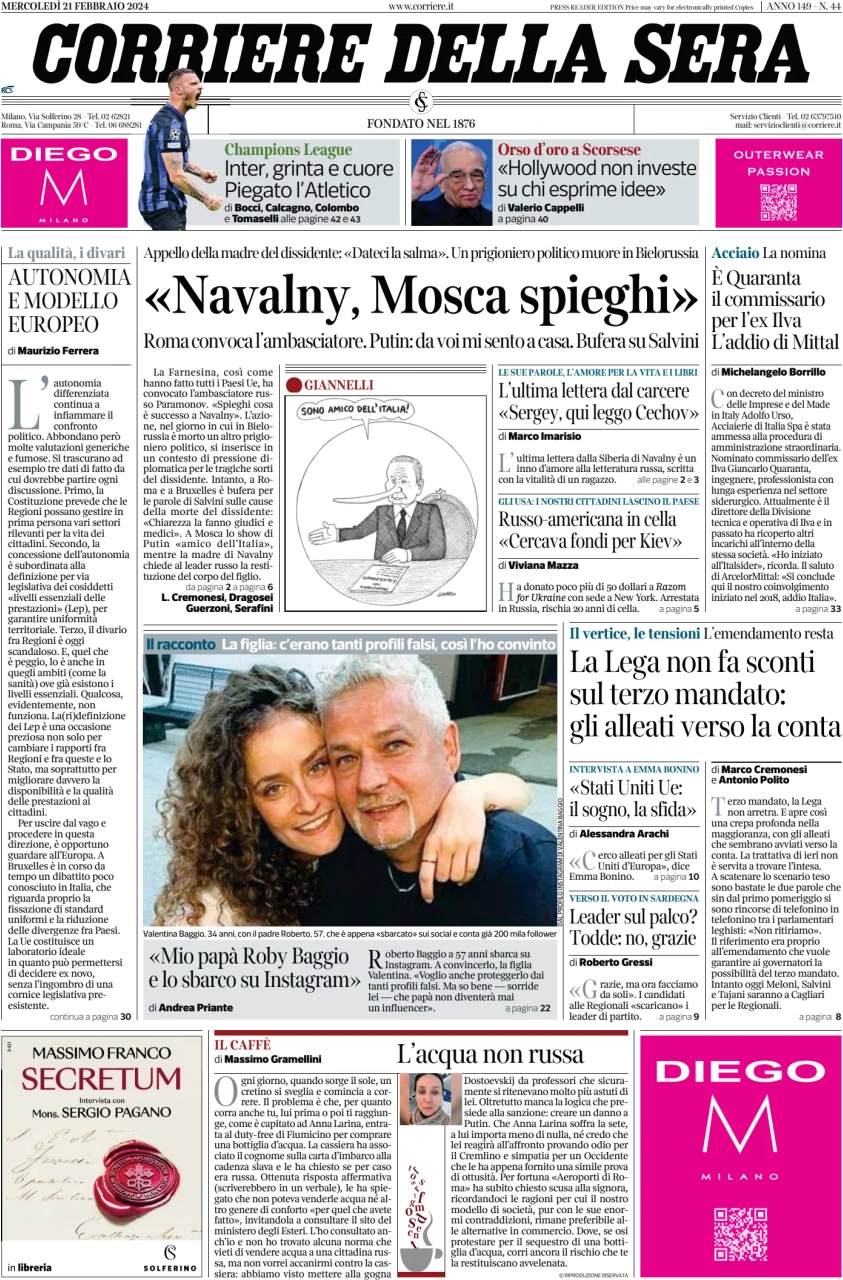 prima pagina - Corriere della Sera del 21/02/2024