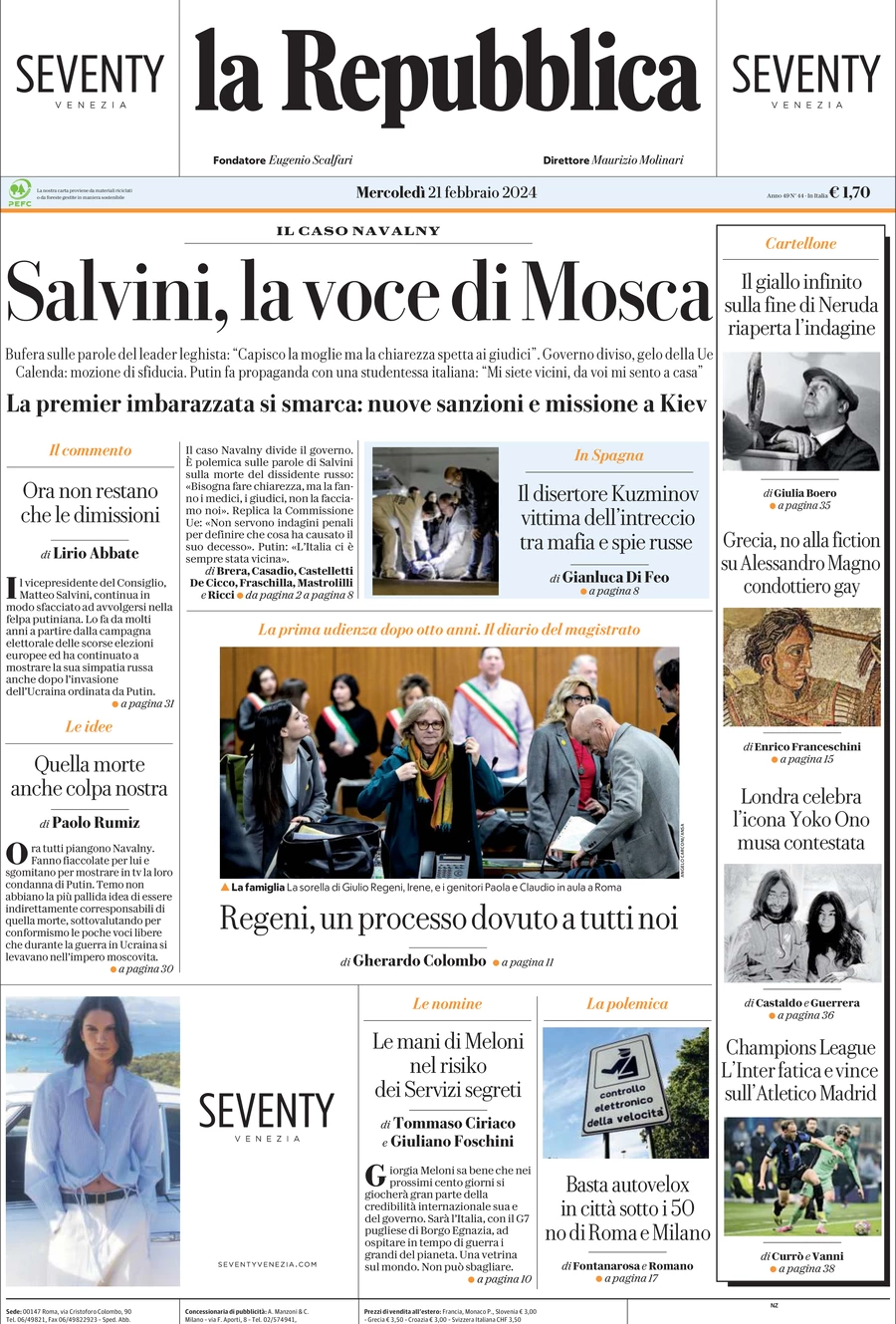 prima pagina - La Repubblica del 21/02/2024