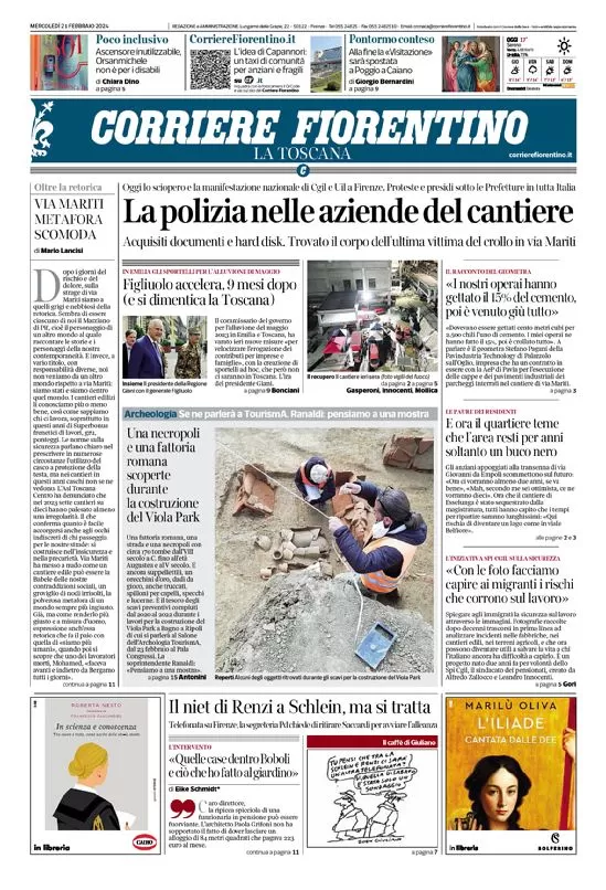 anteprima della prima pagina di corriere-fiorentino del 21/02/2024