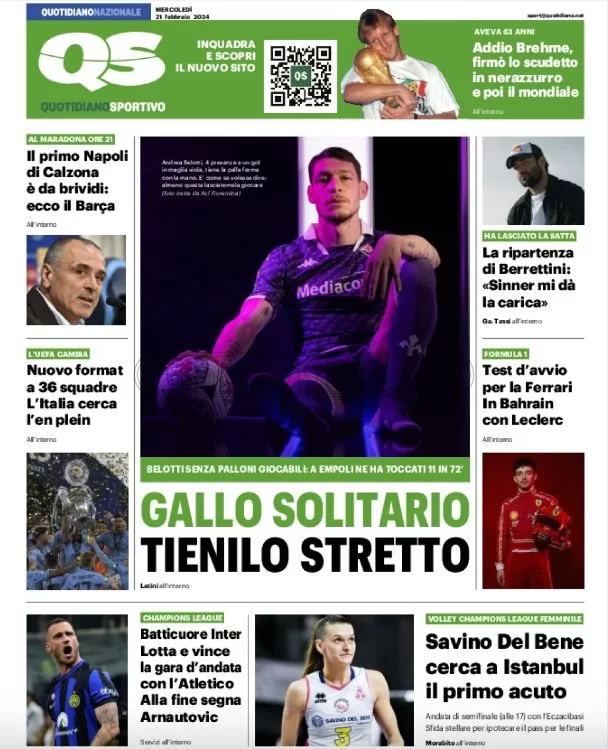 prima pagina - QS Quotidiano Sportivo del 21/02/2024