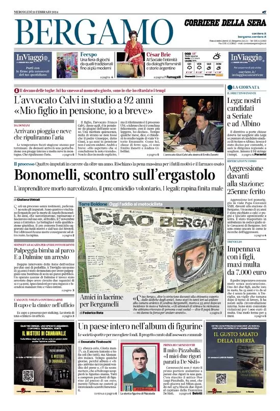 anteprima della prima pagina di corriere-della-sera-bergamo del 21/02/2024