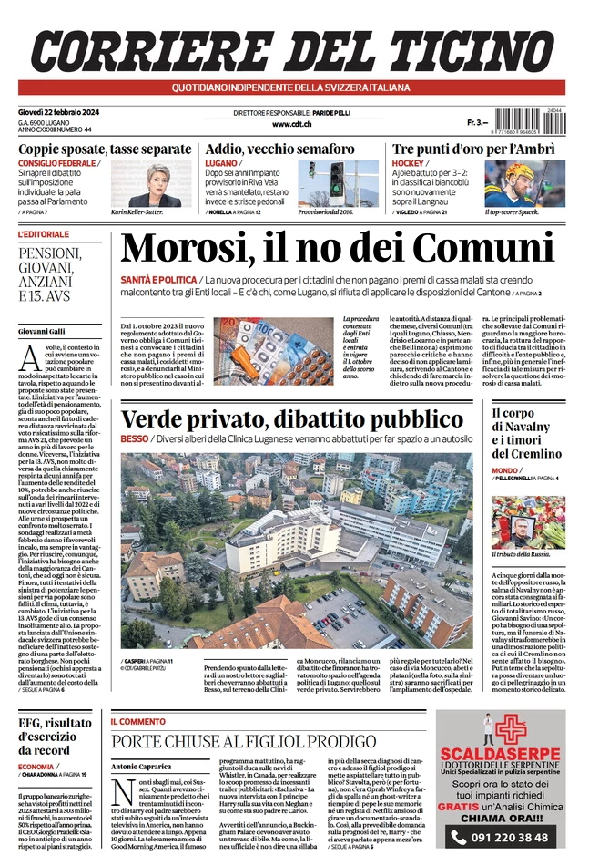 prima pagina - Corriere del Ticino del 21/02/2024