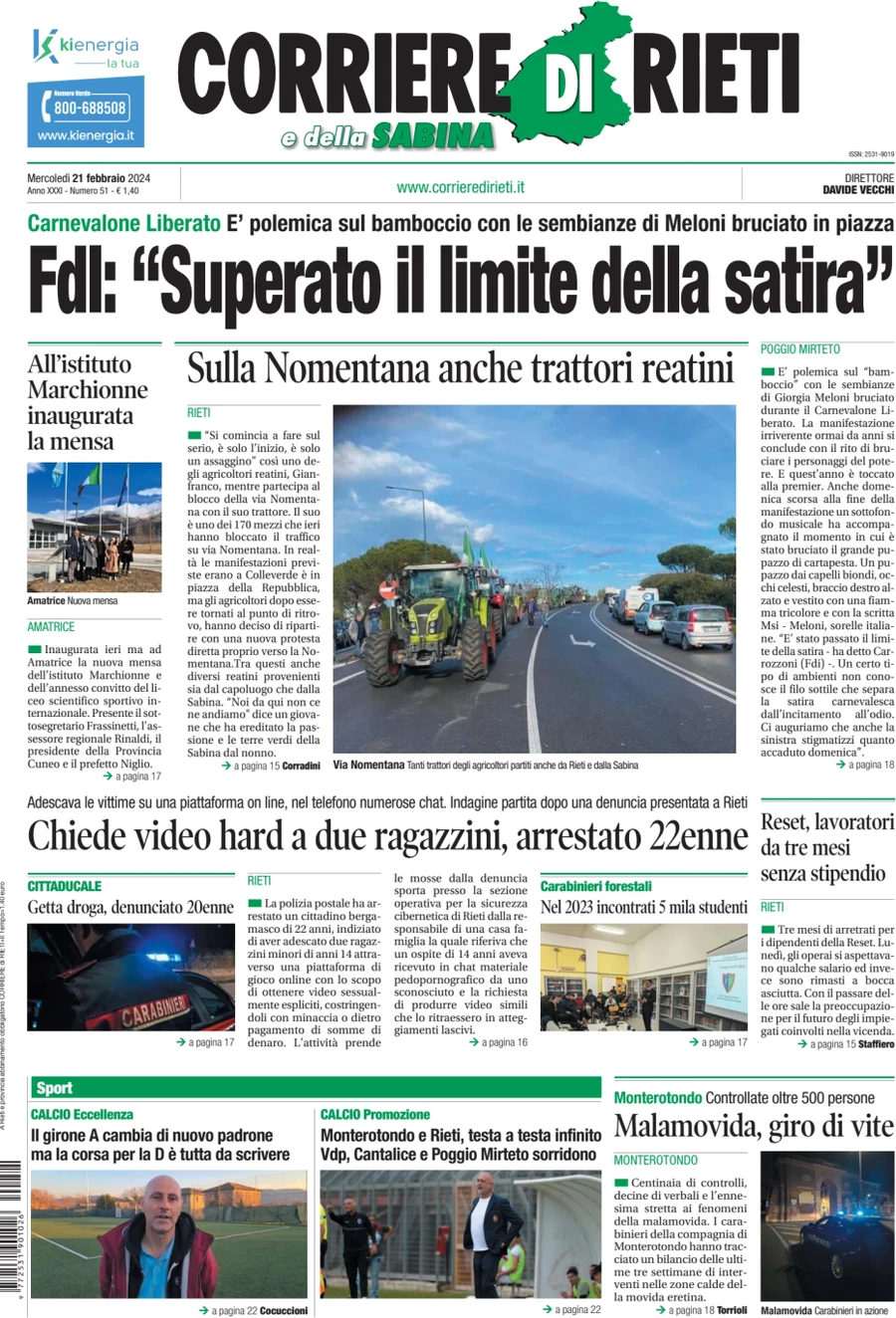 anteprima della prima pagina di corriere-di-rieti-e-della-sabina del 21/02/2024