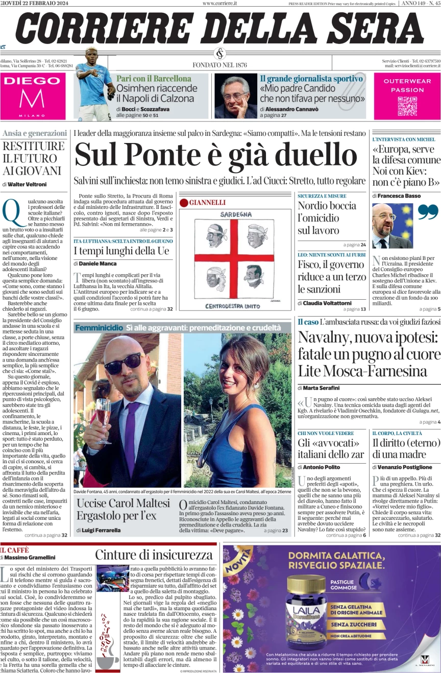 prima pagina - Corriere della Sera del 22/02/2024