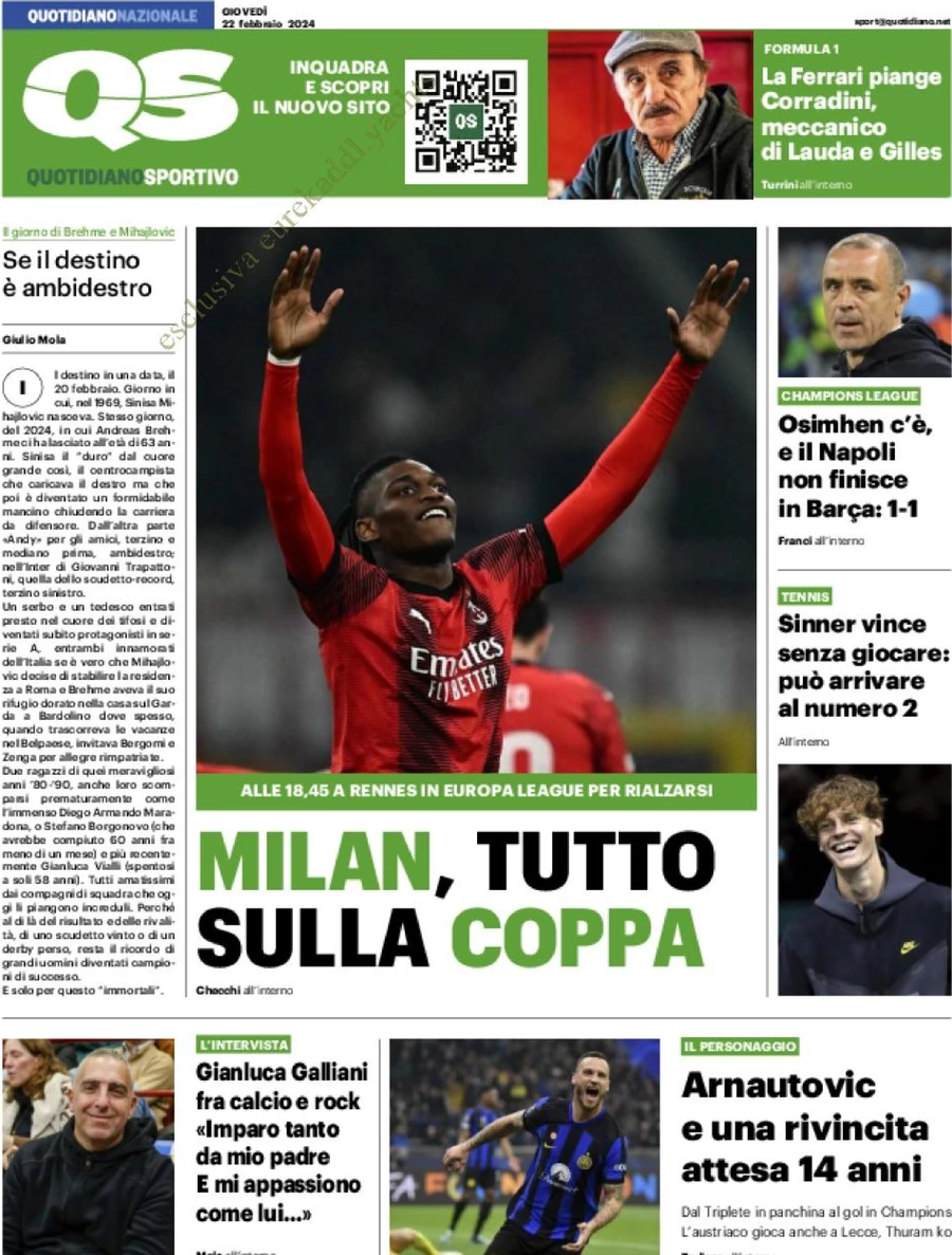 prima pagina - QS Quotidiano Sportivo del 22/02/2024
