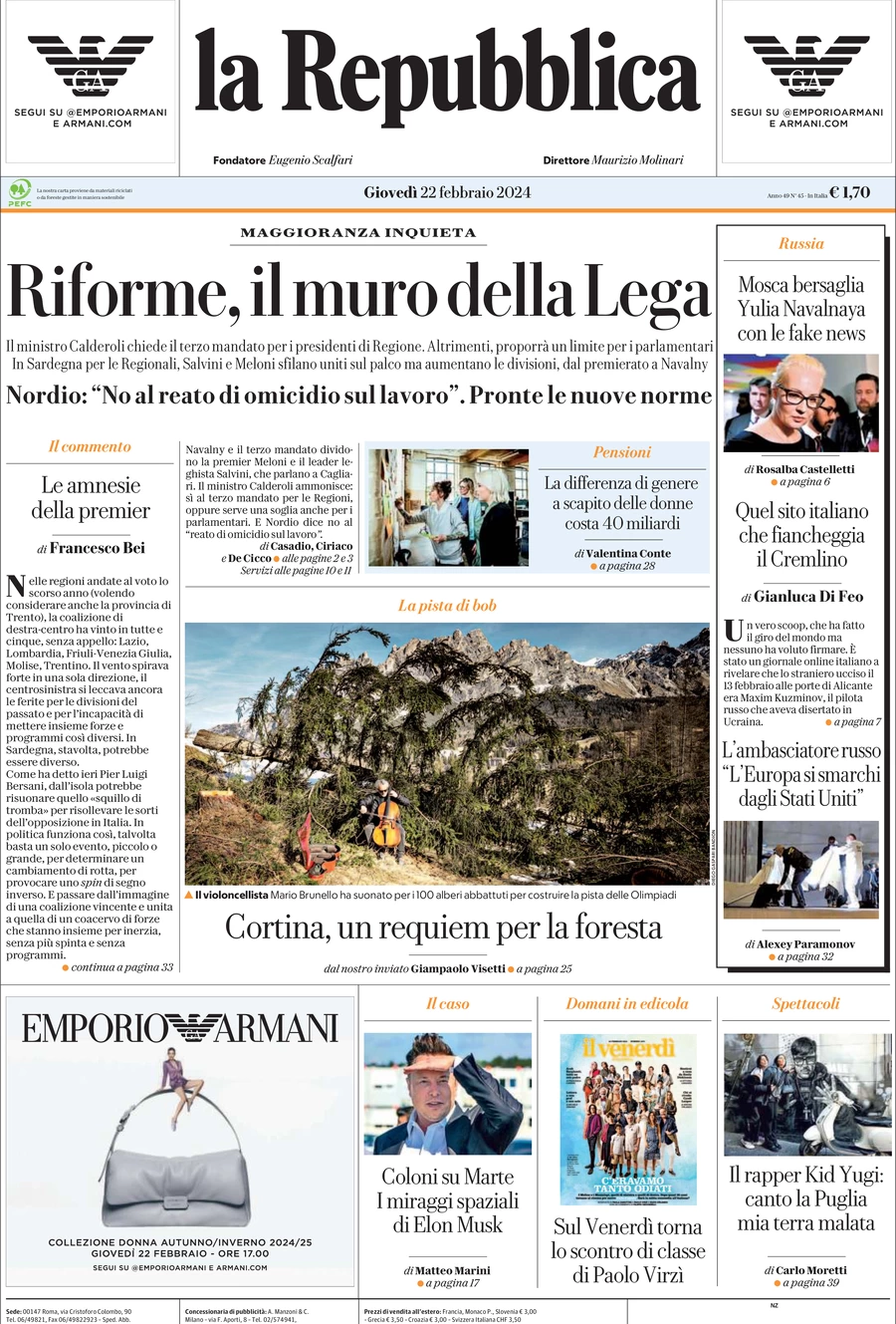 prima pagina - La Repubblica del 22/02/2024