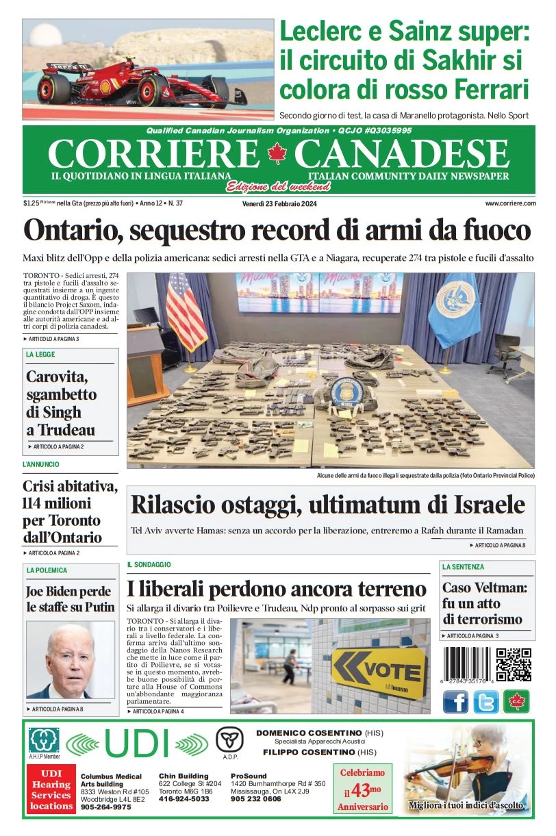 prima pagina - Corriere Canadese del 22/02/2024