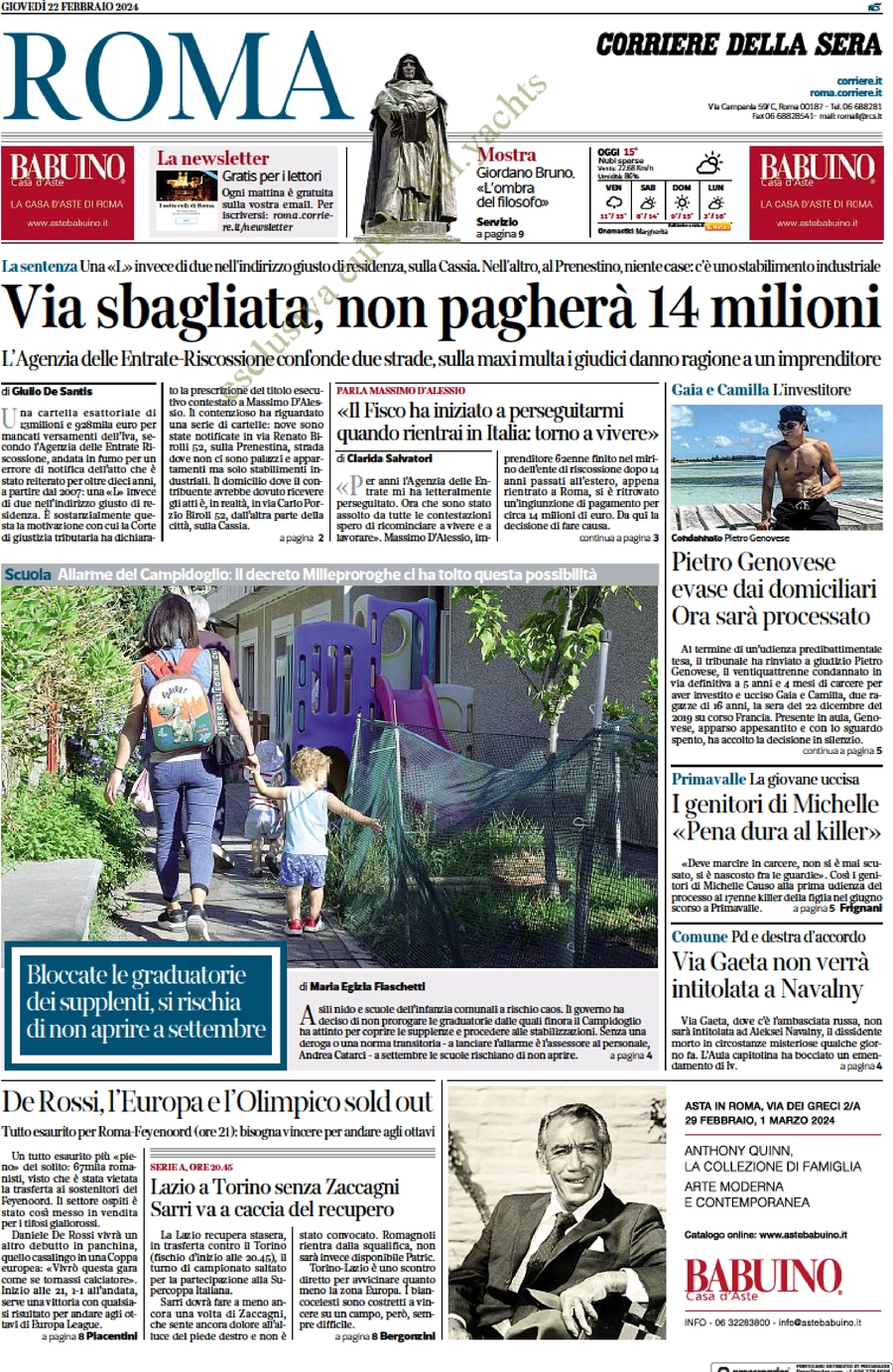 anteprima della prima pagina di corriere-della-sera-roma del 22/02/2024