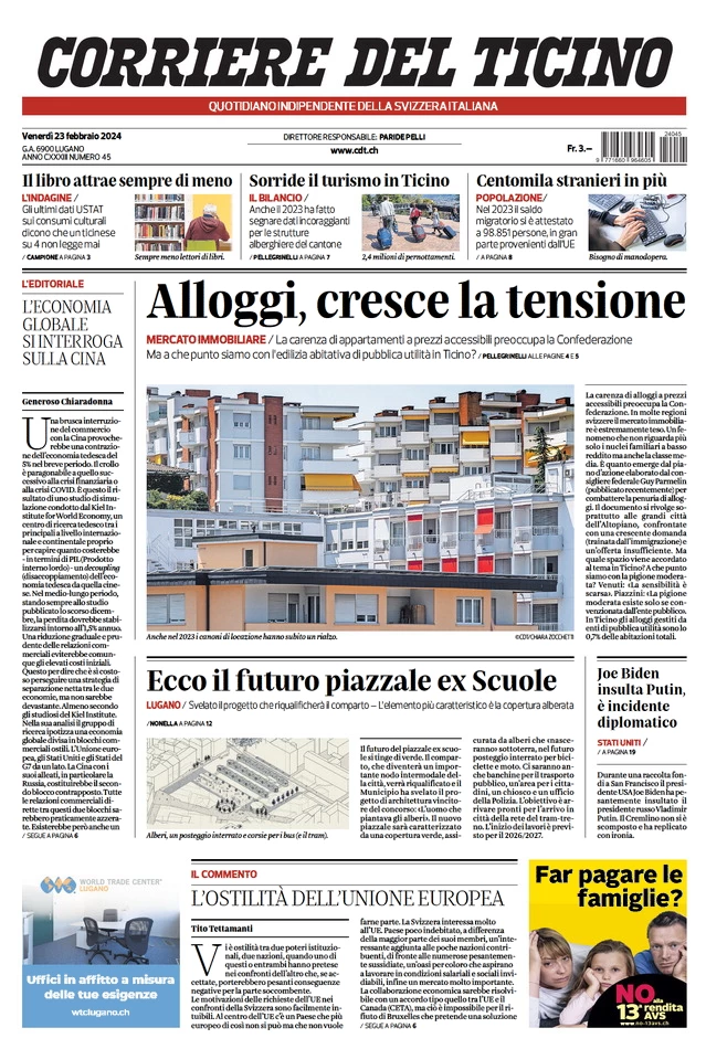 prima pagina - Corriere del Ticino del 22/02/2024