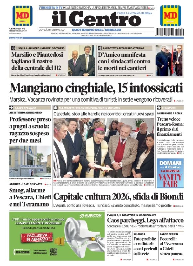 prima pagina - Il Centro (L'Aquila) del 22/02/2024