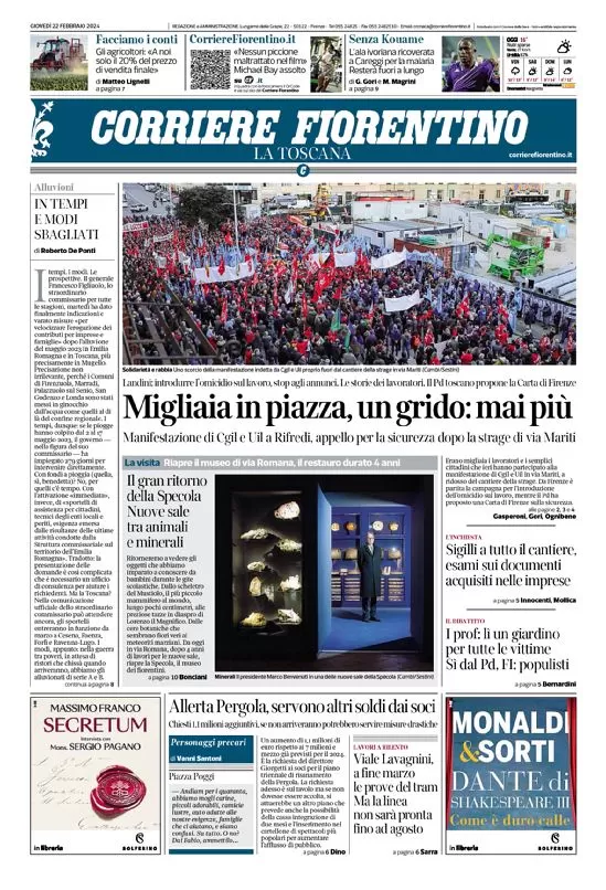 anteprima della prima pagina di corriere-fiorentino del 22/02/2024