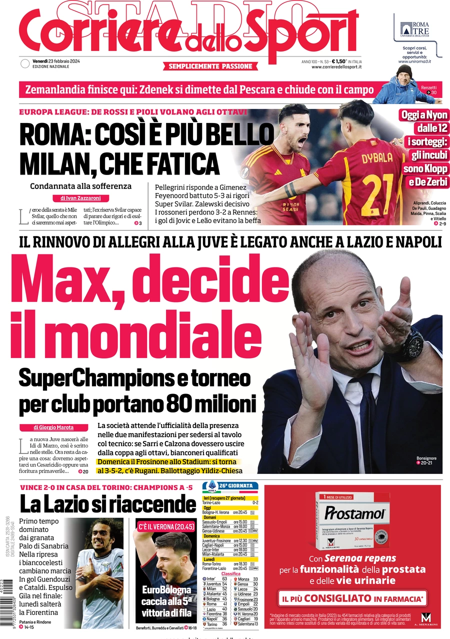 prima pagina - Corriere dello Sport del 23/02/2024