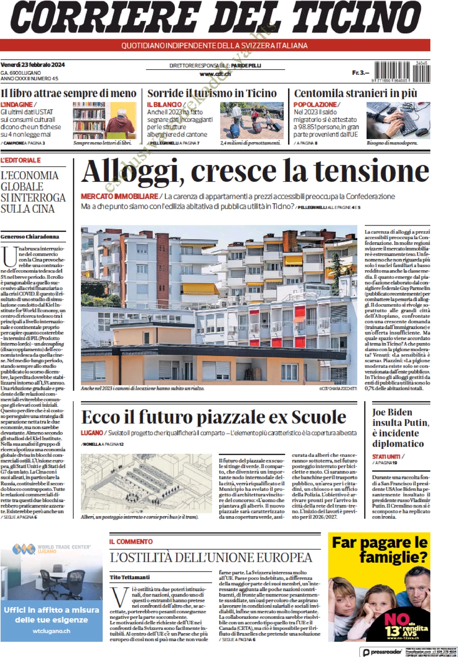 prima pagina - Corriere del Ticino del 23/02/2024