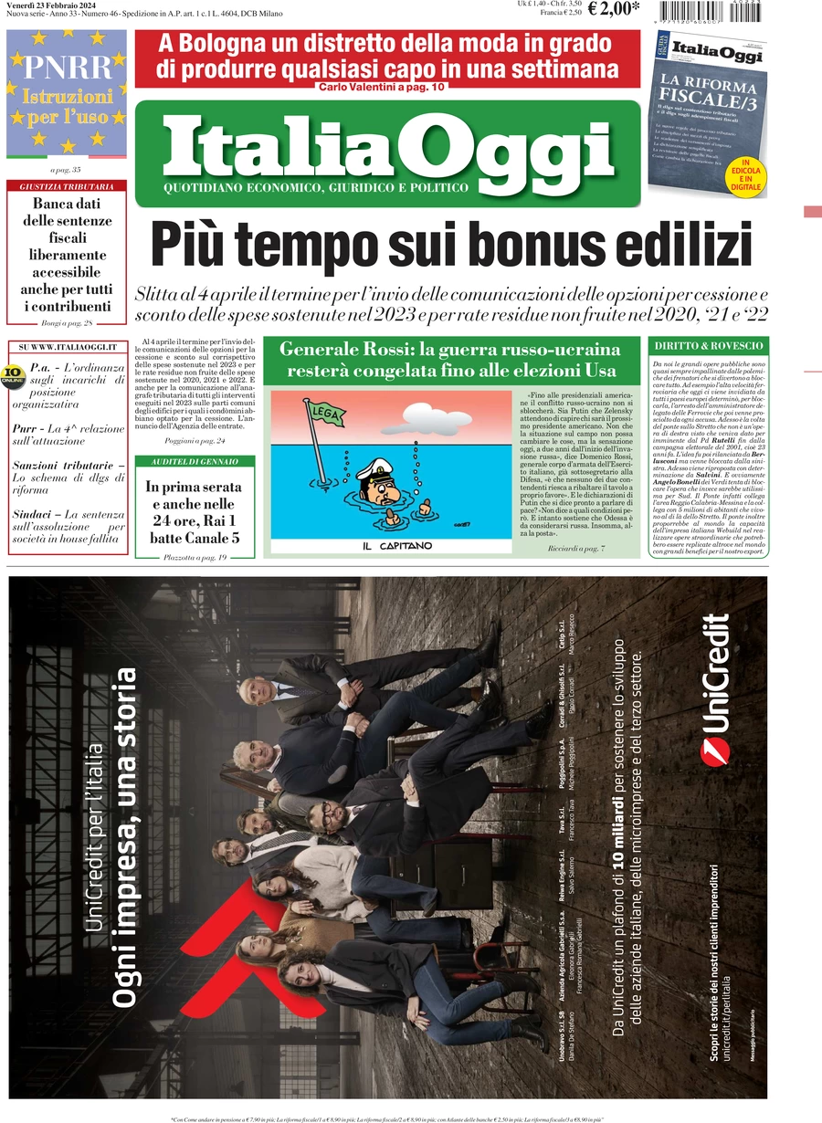 prima pagina - ItaliaOggi del 23/02/2024