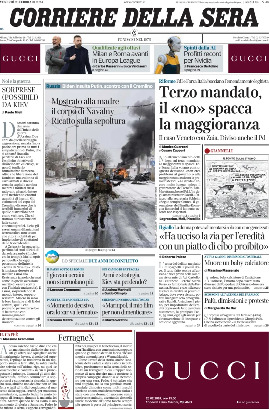 prima pagina - Corriere della Sera del 23/02/2024