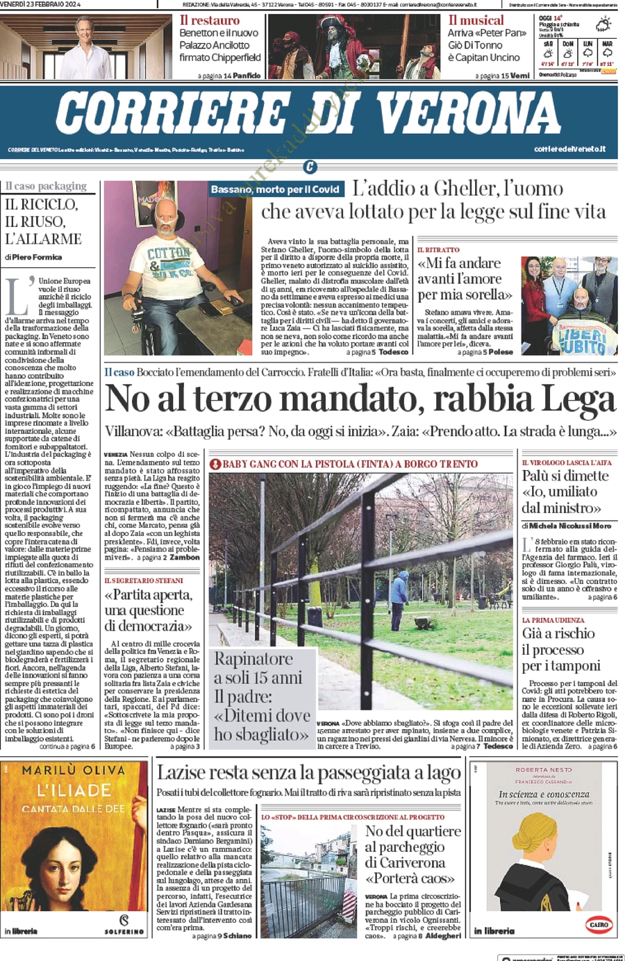 anteprima della prima pagina di corriere-di-verona del 23/02/2024