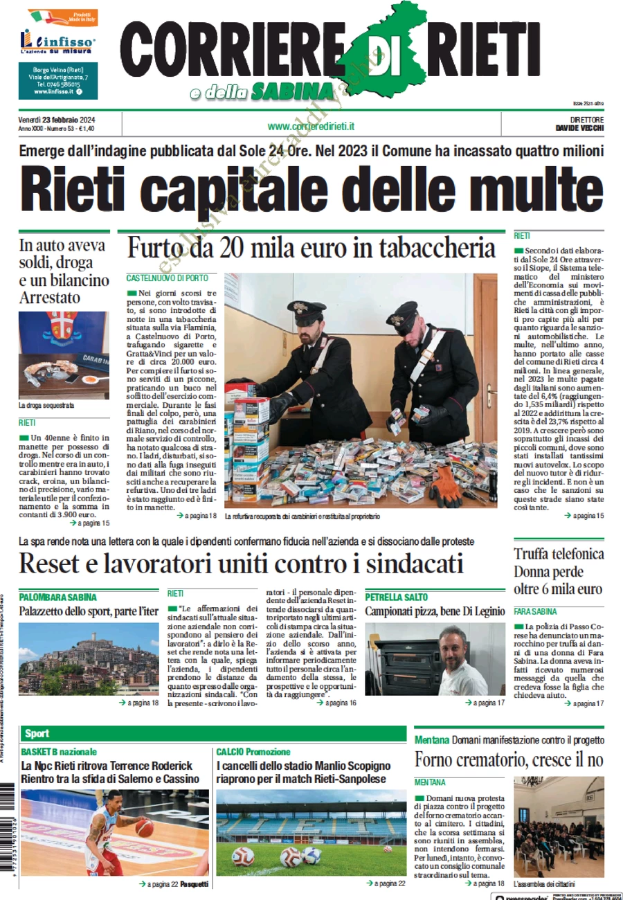 anteprima della prima pagina di corriere-di-rieti-e-della-sabina del 23/02/2024
