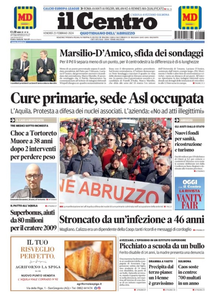 prima pagina - Il Centro (L'Aquila) del 23/02/2024
