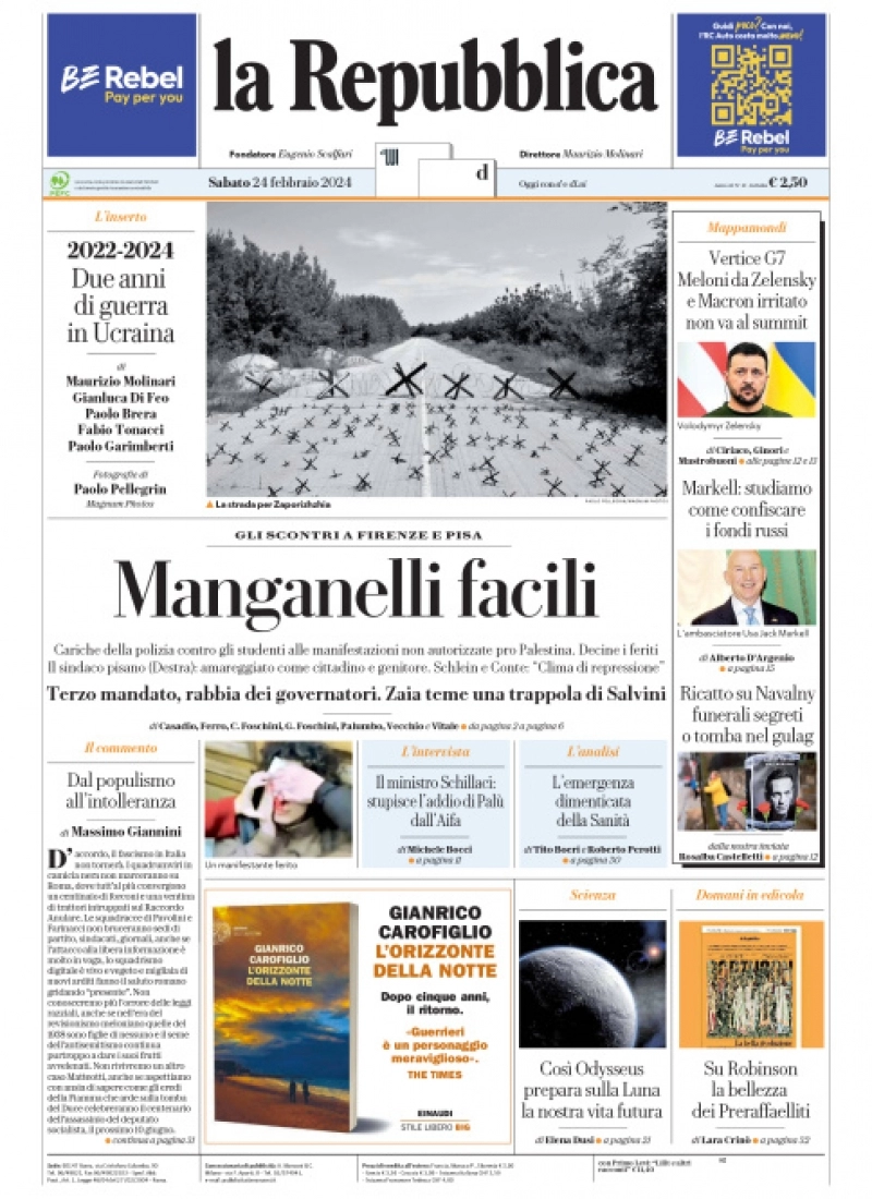 prima pagina - La Repubblica del 23/02/2024