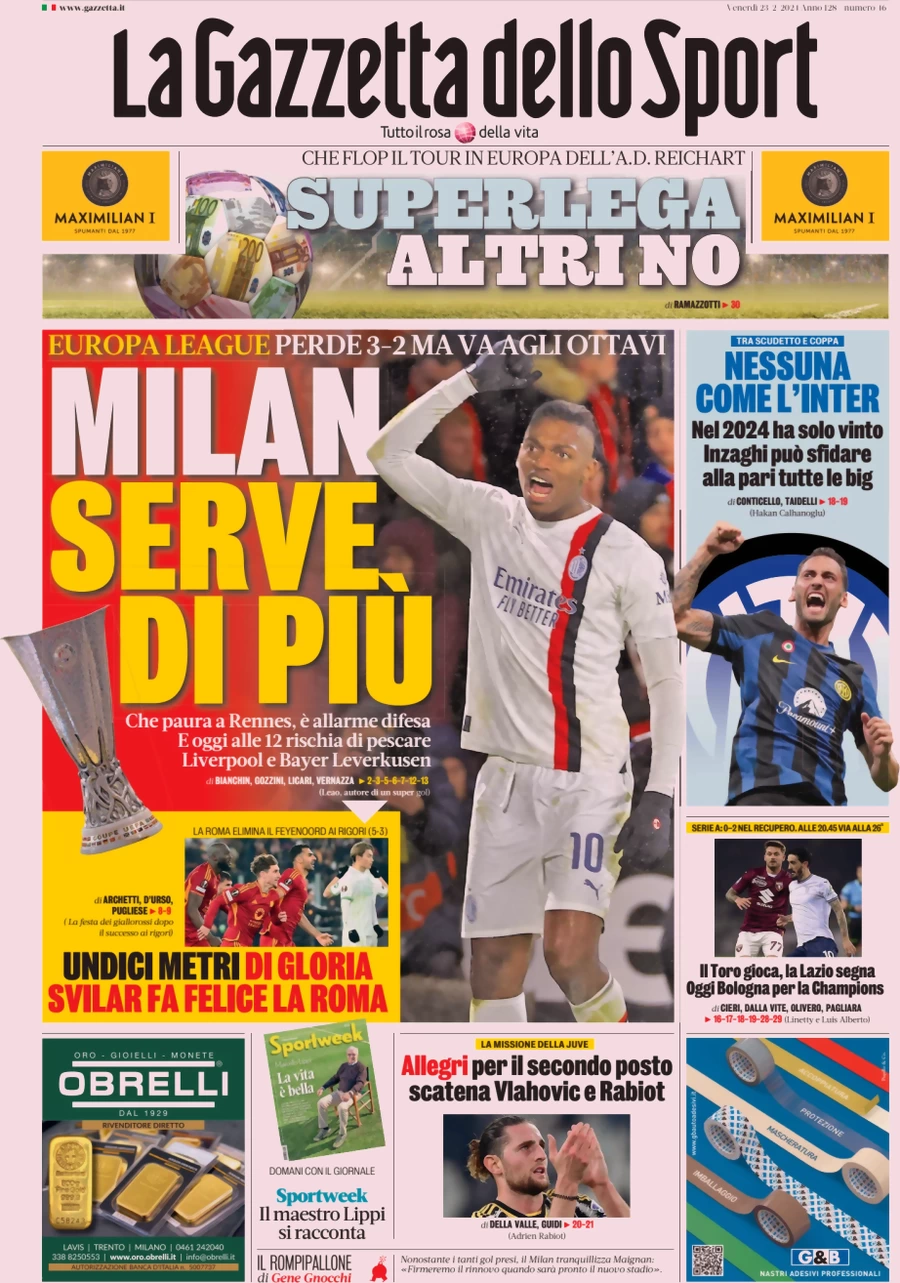 prima pagina - La Gazzetta dello Sport del 23/02/2024