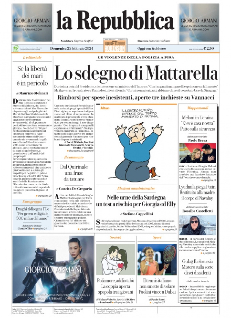 prima pagina - La Repubblica del 24/02/2024