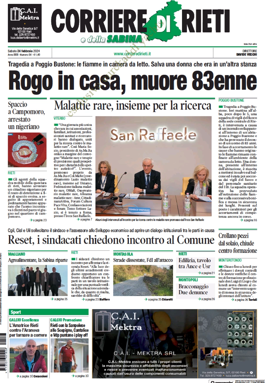 anteprima della prima pagina di corriere-di-rieti-e-della-sabina del 24/02/2024