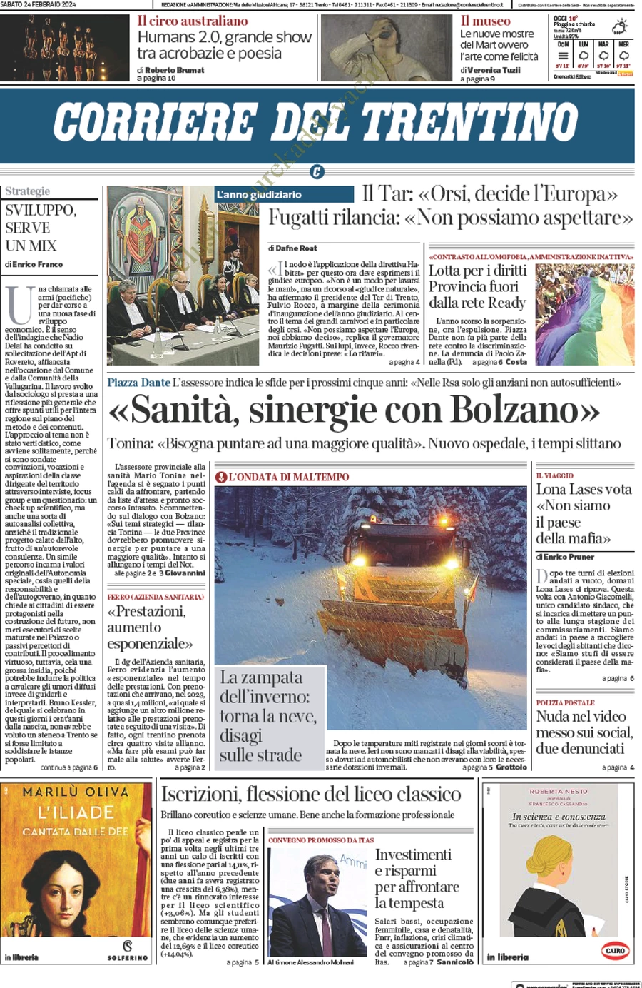 anteprima della prima pagina di corriere-del-trentino del 24/02/2024