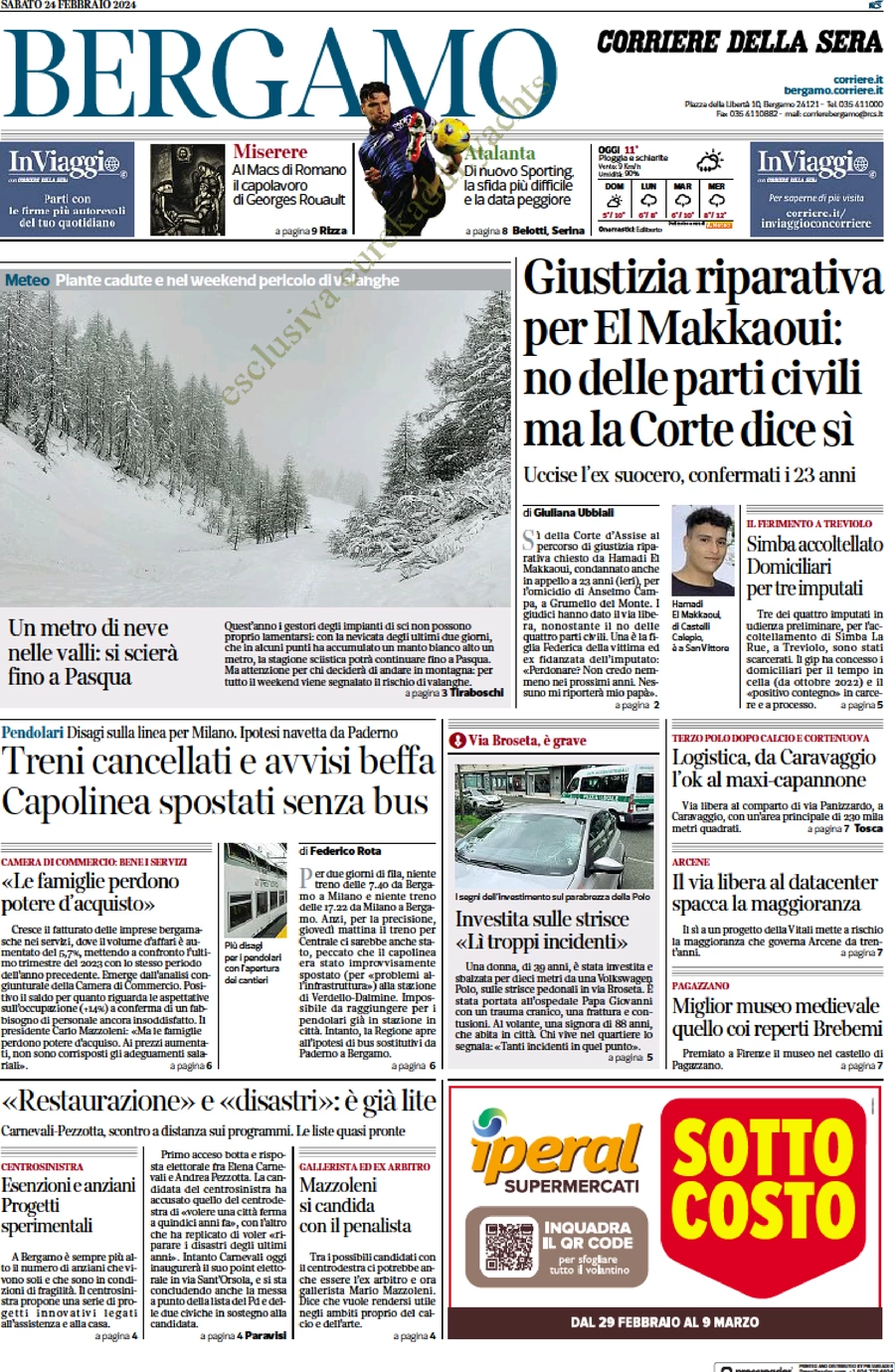 anteprima della prima pagina di corriere-della-sera-bergamo del 24/02/2024