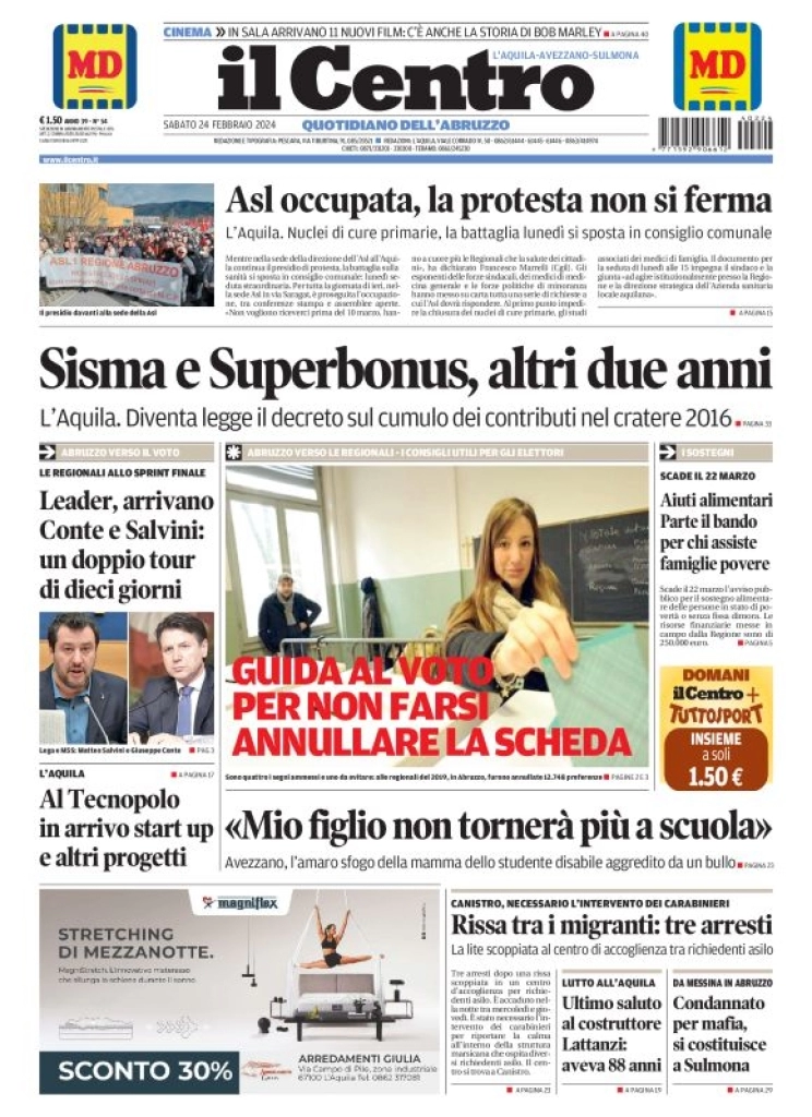 prima pagina - Il Centro (L'Aquila) del 24/02/2024