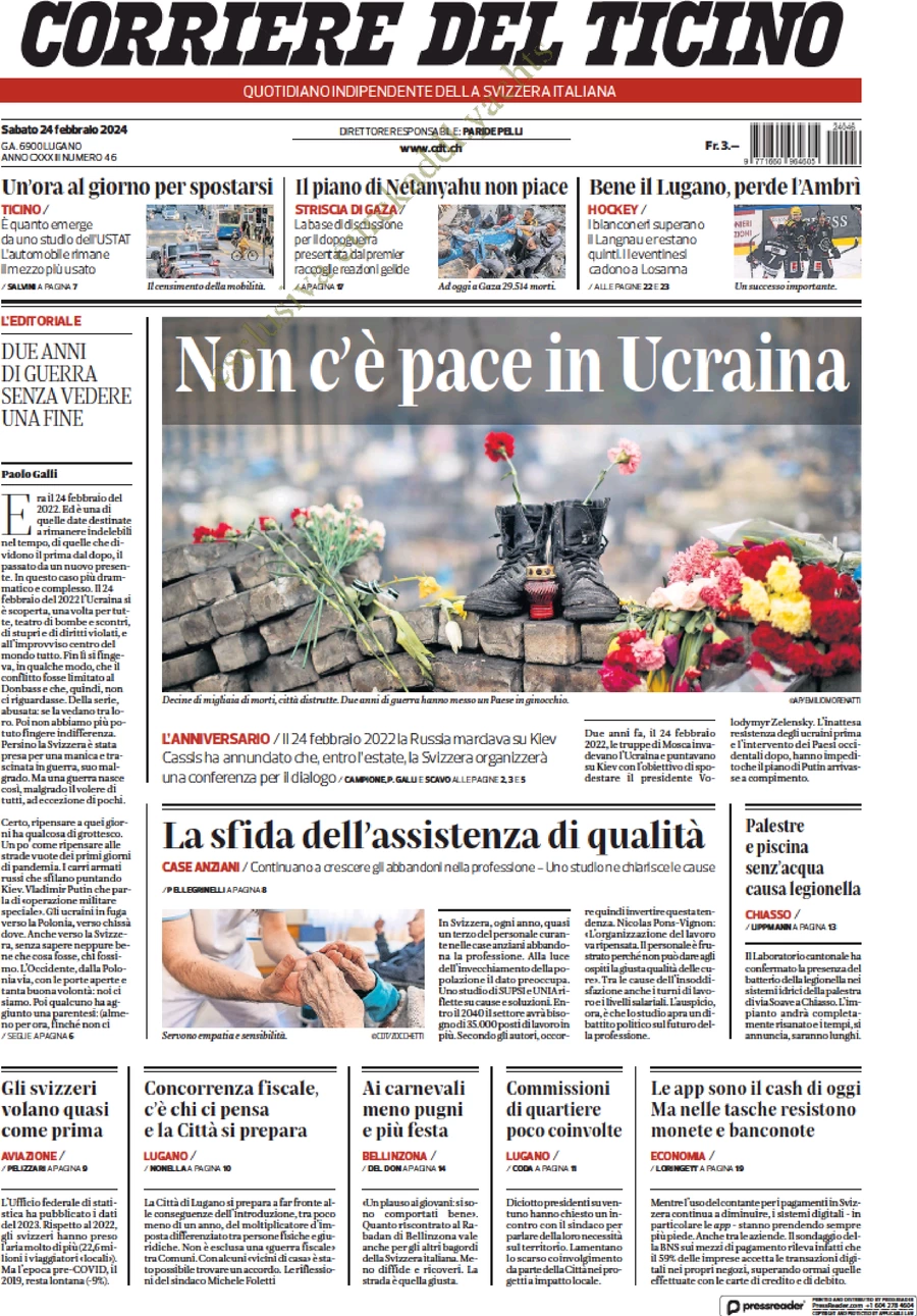 prima pagina - Corriere del Ticino del 24/02/2024