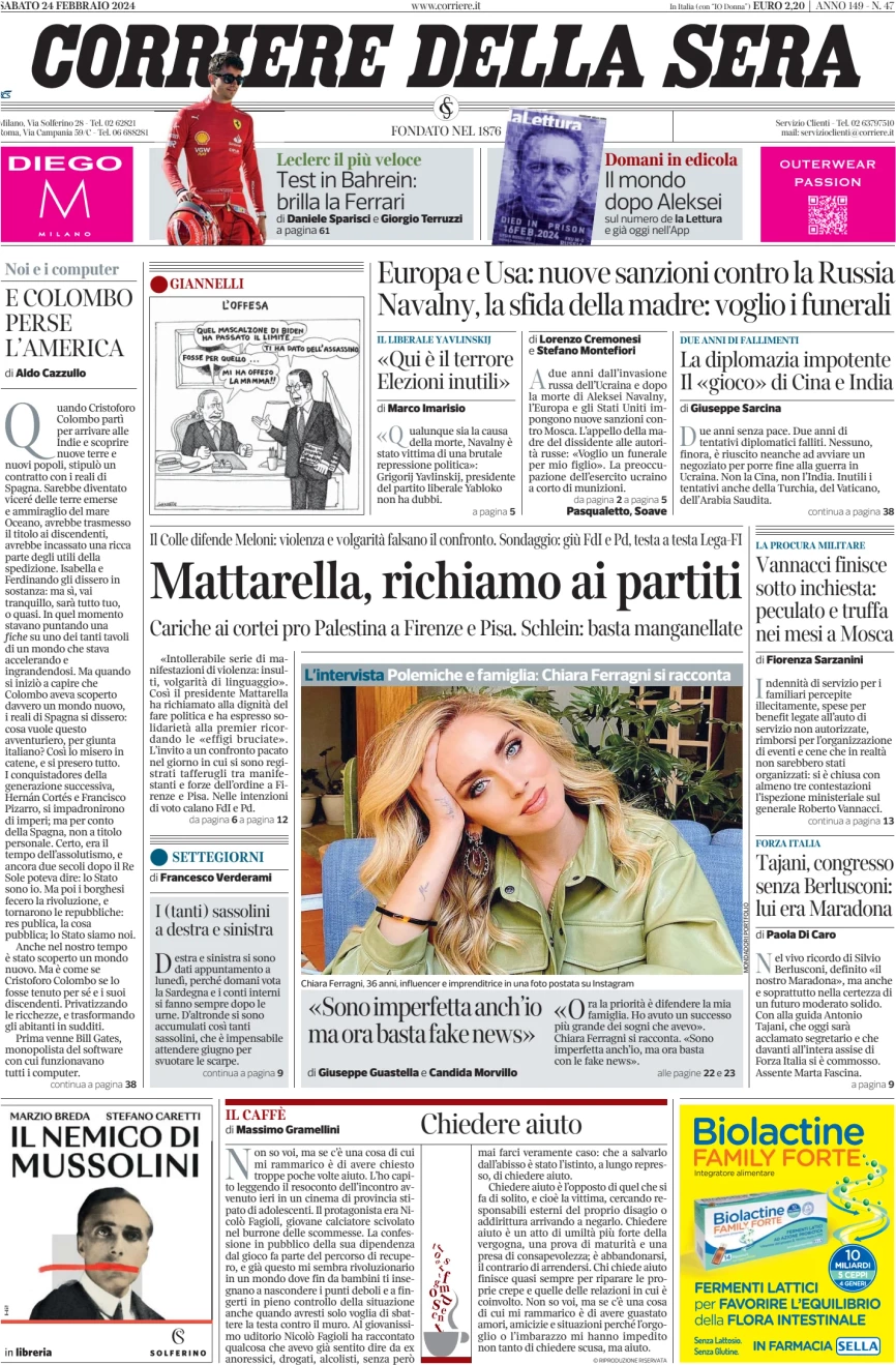 prima pagina - Corriere della Sera del 24/02/2024