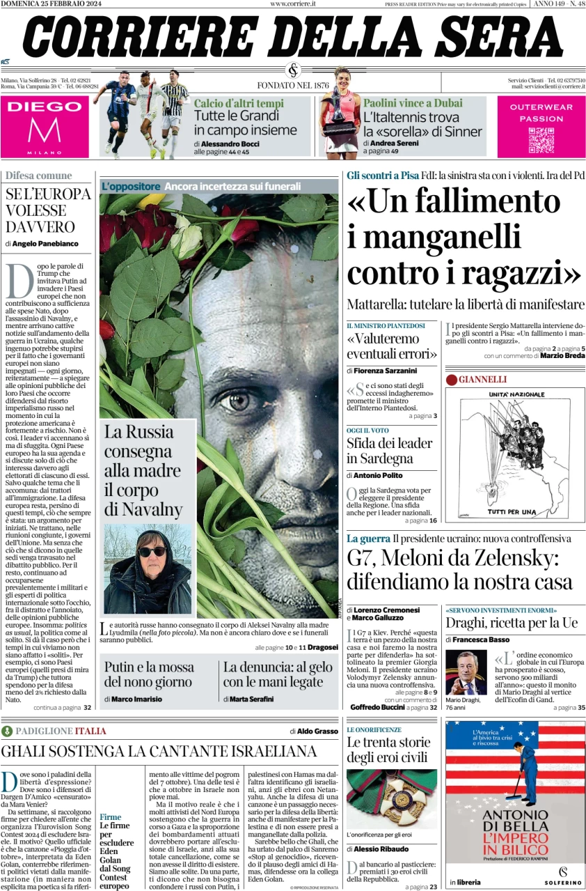 prima pagina - Corriere della Sera del 25/02/2024