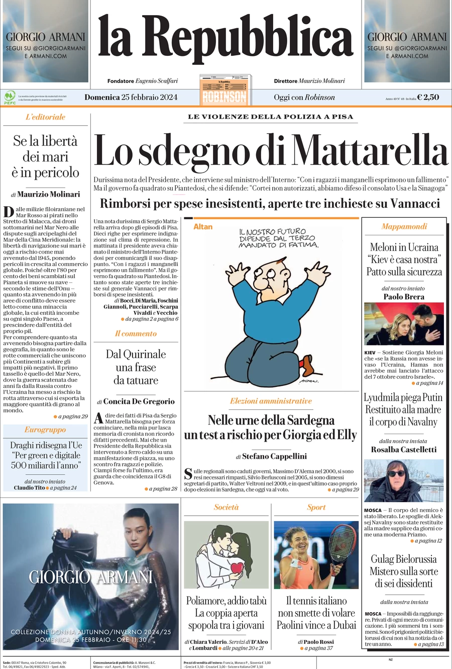 prima pagina - La Repubblica del 25/02/2024