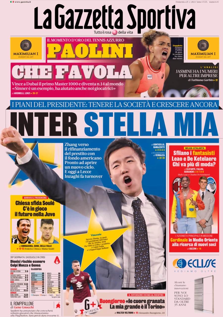 prima pagina - La Gazzetta dello Sport del 25/02/2024