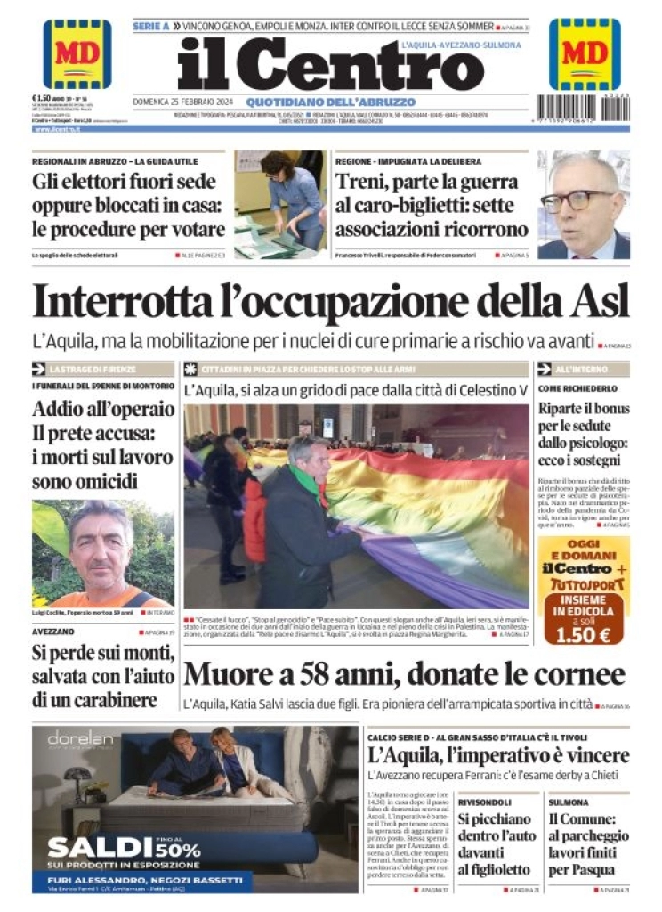 prima pagina - Il Centro (L'Aquila) del 25/02/2024