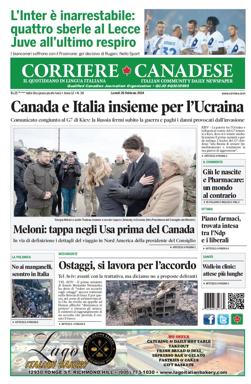 prima pagina - Corriere Canadese del 25/02/2024