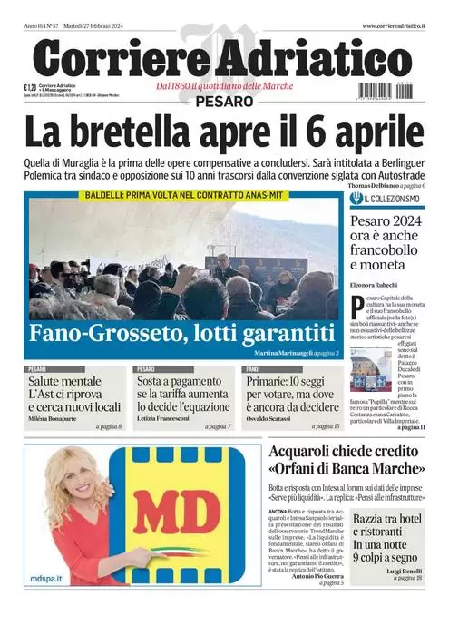anteprima della prima pagina di corriere-adriatico-pesaro del 26/02/2024