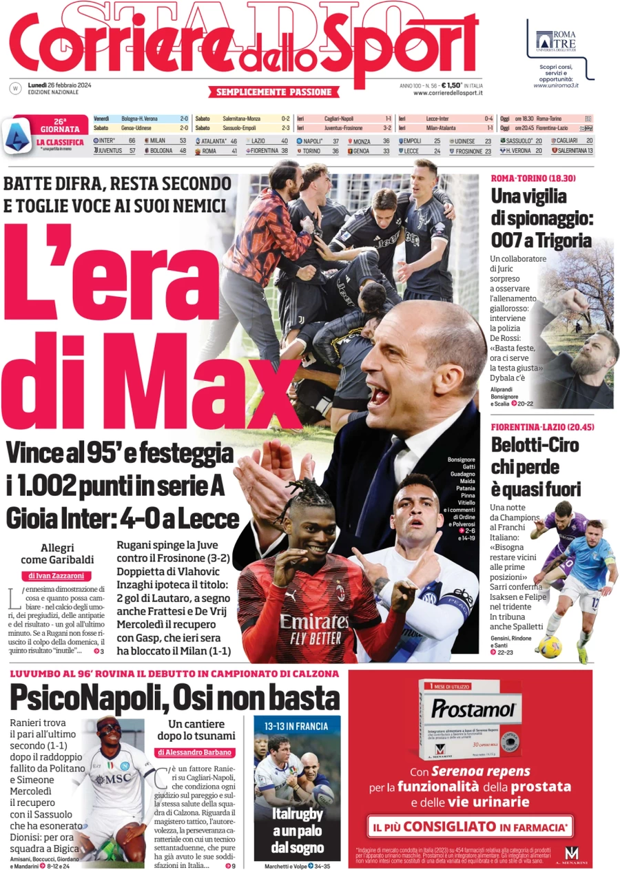 prima pagina - Corriere dello Sport del 26/02/2024
