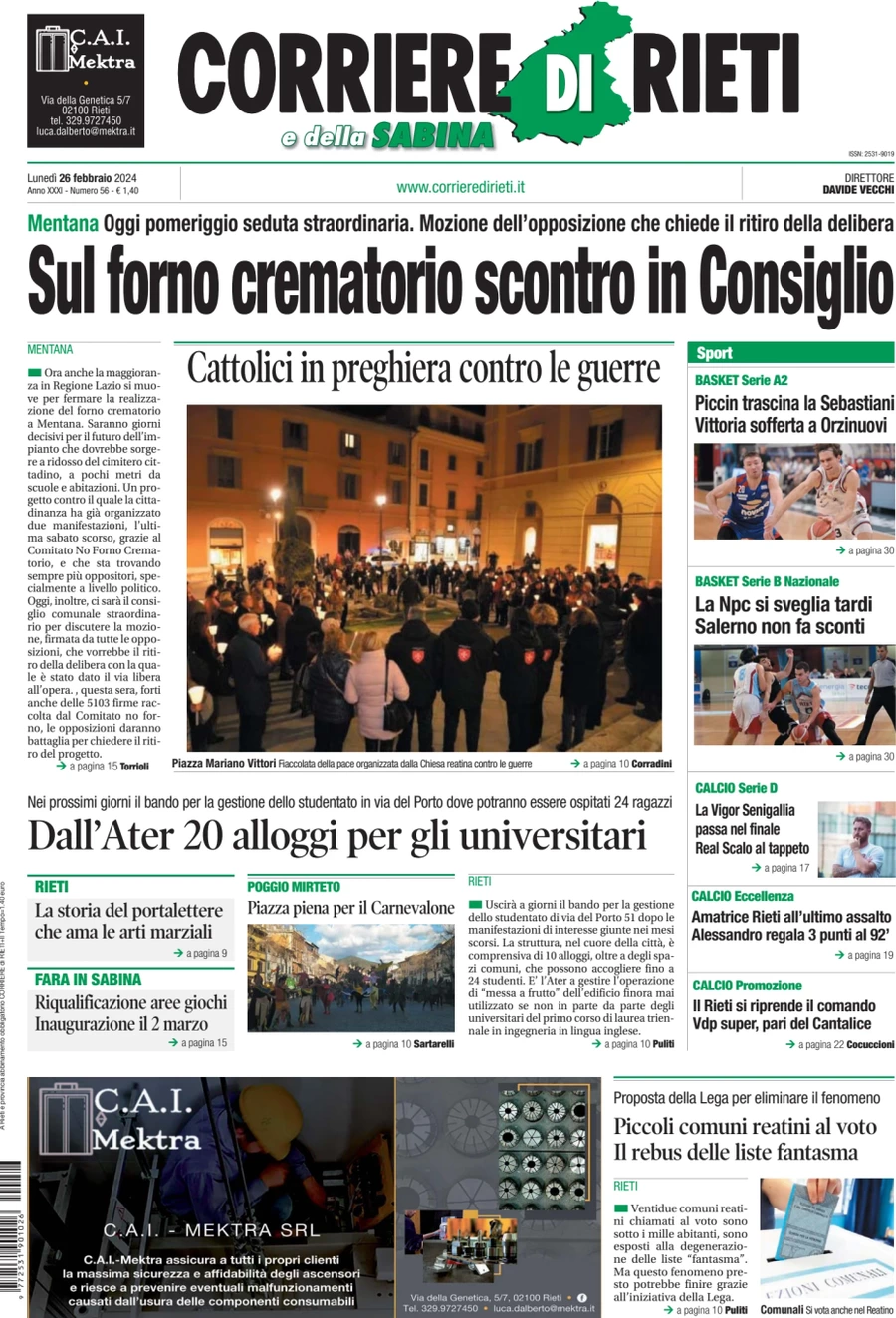 anteprima della prima pagina di corriere-di-rieti-e-della-sabina del 26/02/2024