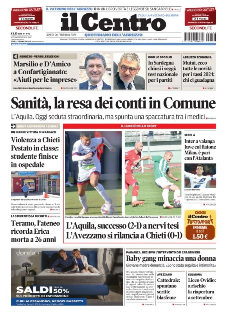 prima pagina - Il Centro (L'Aquila) del 26/02/2024