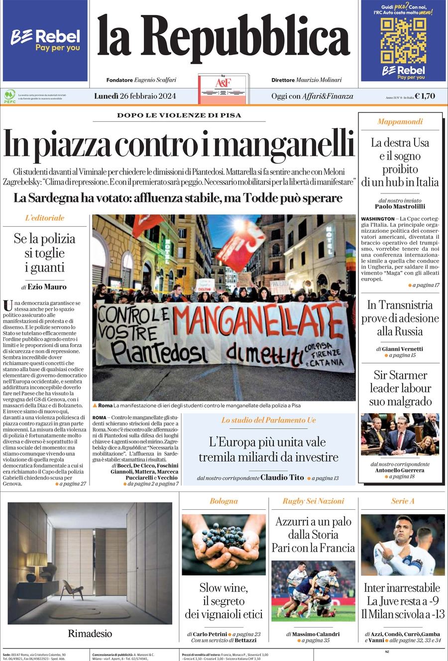 prima pagina - La Repubblica del 26/02/2024
