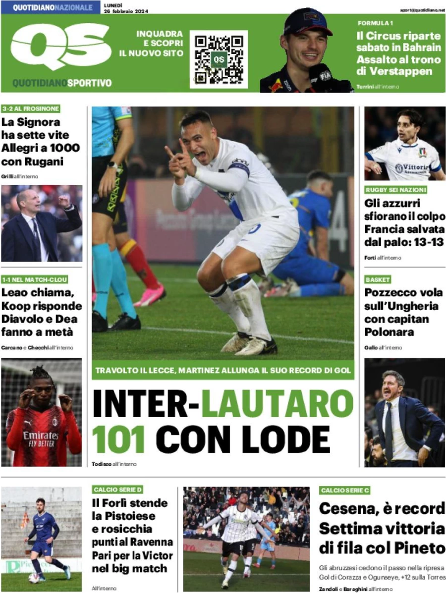 prima pagina - QS Quotidiano Sportivo del 26/02/2024